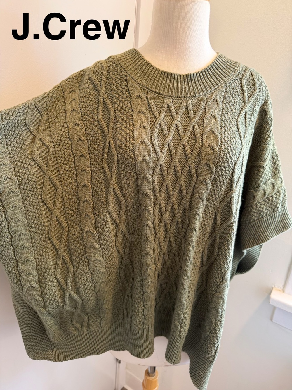 J. CREW Vintage Olive Green Cable-Knit Poncho Sweater - One Size - EUC